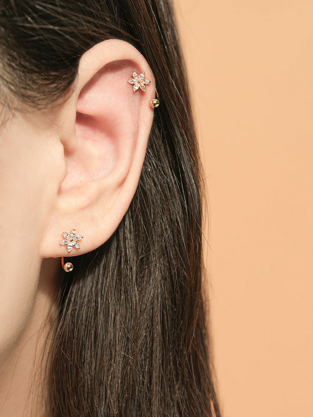 14K Gold 6 Petal Flower Curve Piercing 20G - Image 2