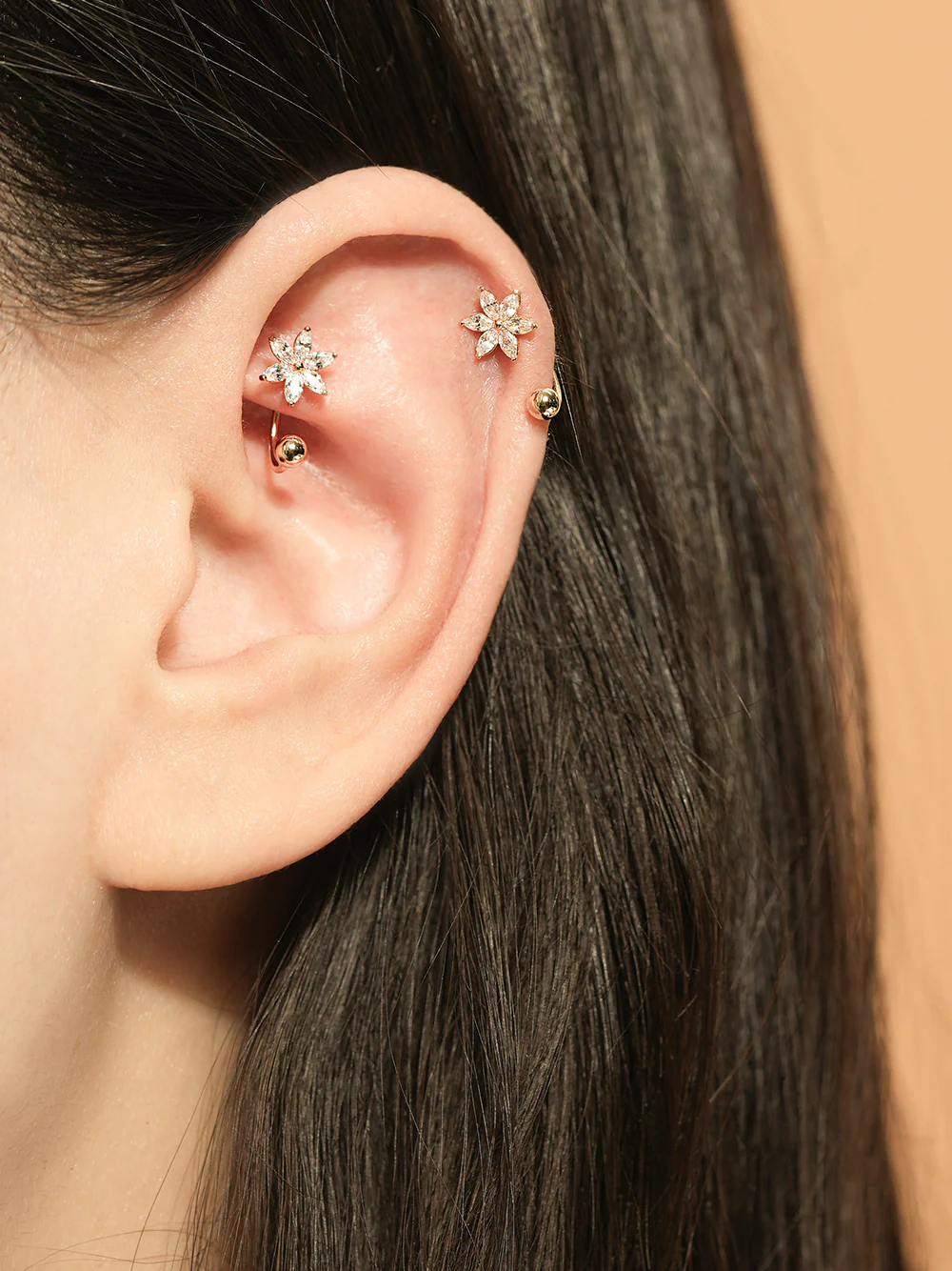 14K Gold 6 Petal Flower Curve Piercing 20G - Image 4