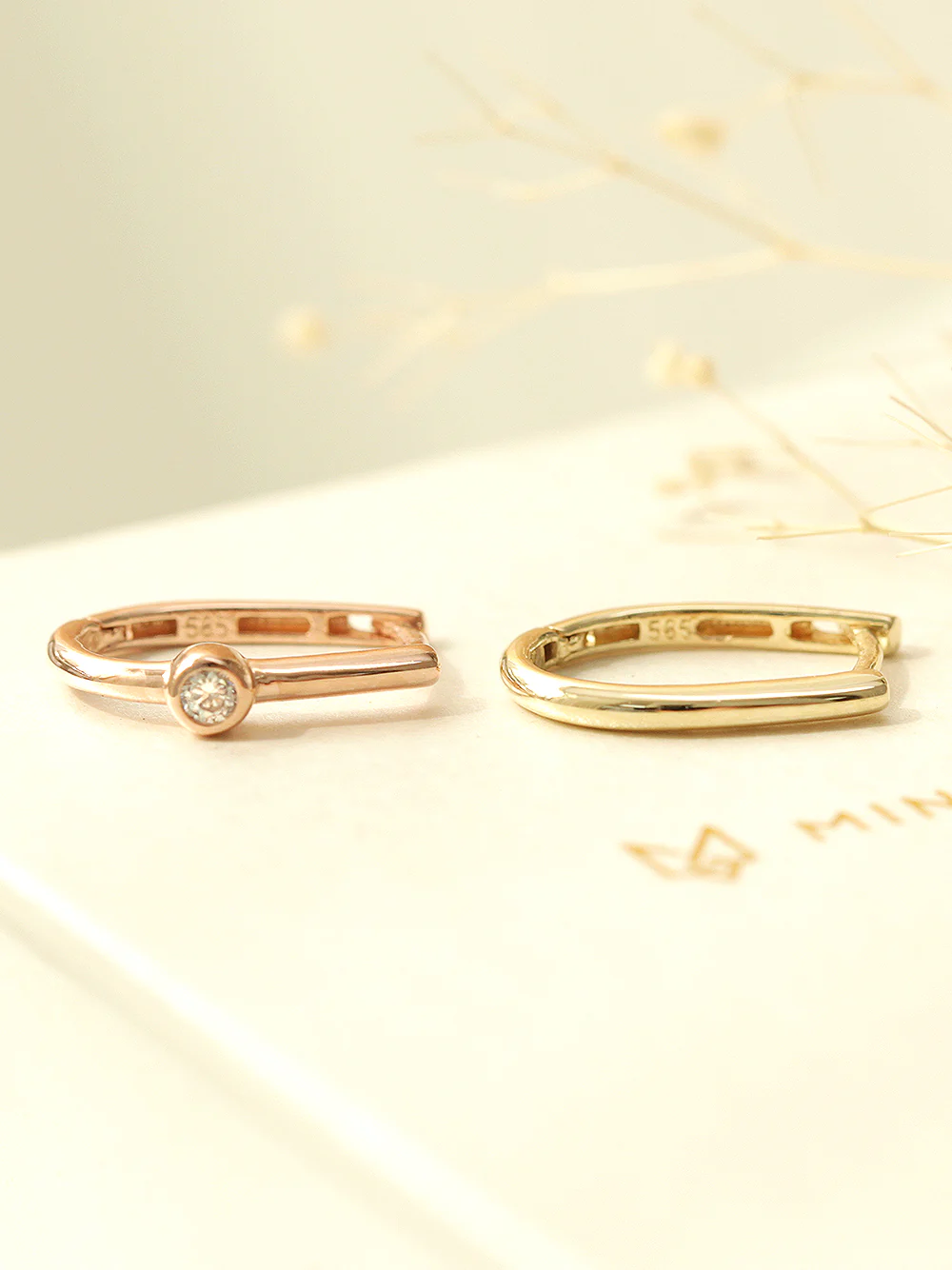14K Gold Slim Plain & Cubic Hoop Earring - Image 4