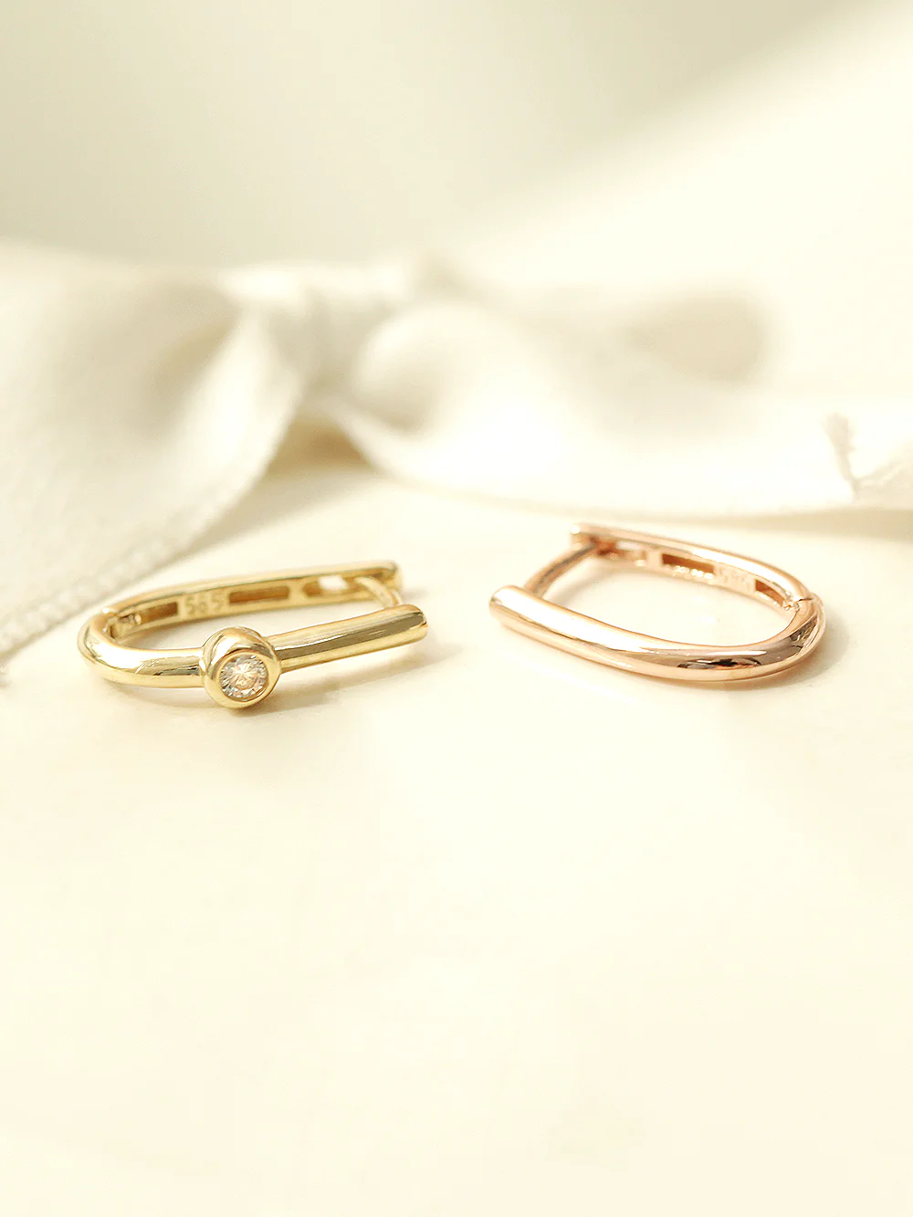 14K Gold Slim Plain & Cubic Hoop Earring - Image 5