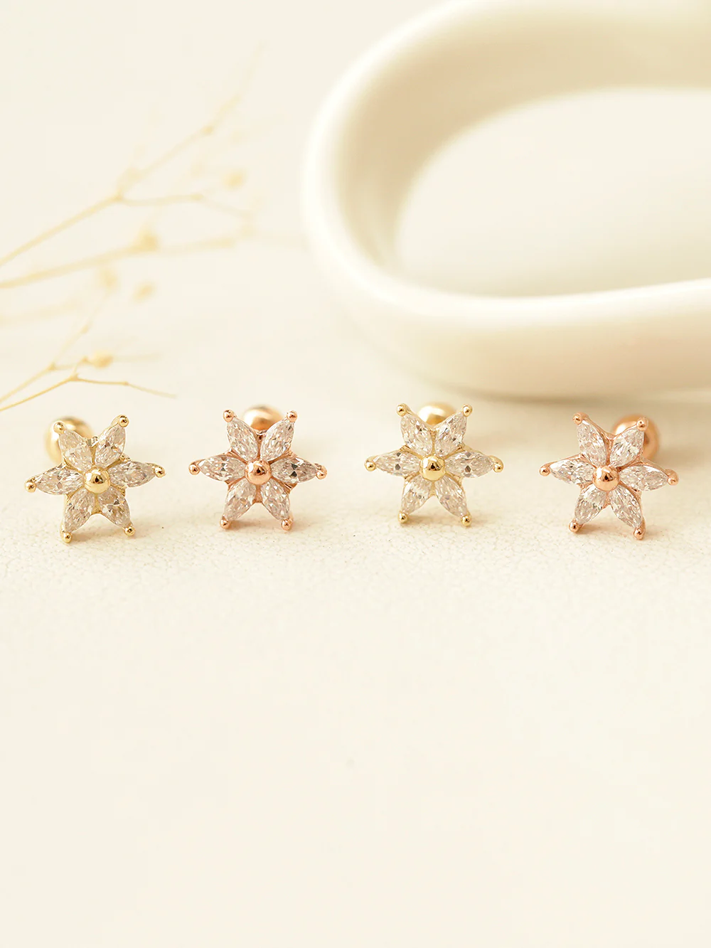 14K Gold Snow Flower Cubic Cartilage Earring 20G - Image 2