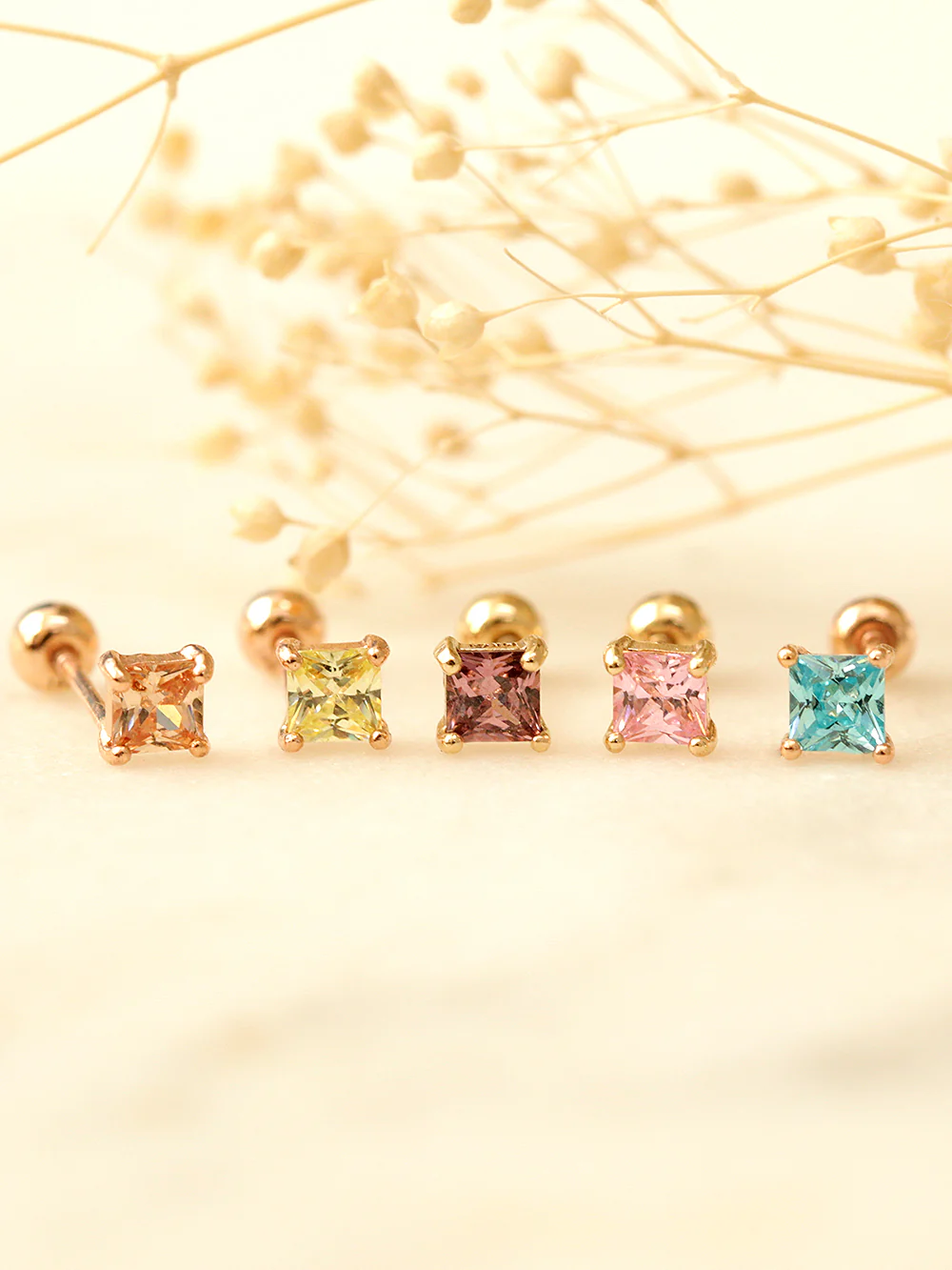 14K Gold Square Colorful Cubic Cartilage Earring 20G18G16G - Image 5