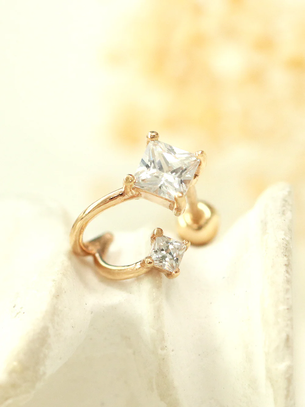 14K Gold Square Cubic 2 Lines Cartilage Earring 18G20G - Image 5