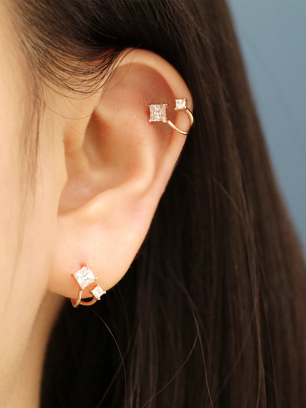 14K Gold Square Cubic 2 Lines Cartilage Earring 18G20G - Image 7