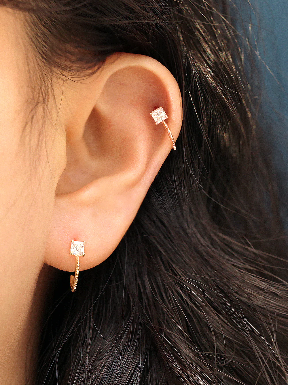 14K Gold Square Cubic Curve Cartilage Earring 20G - Image 5