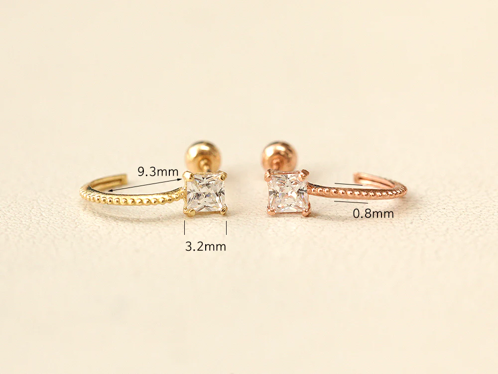 14K Gold Square Cubic Curve Cartilage Earring 20G - Image 8