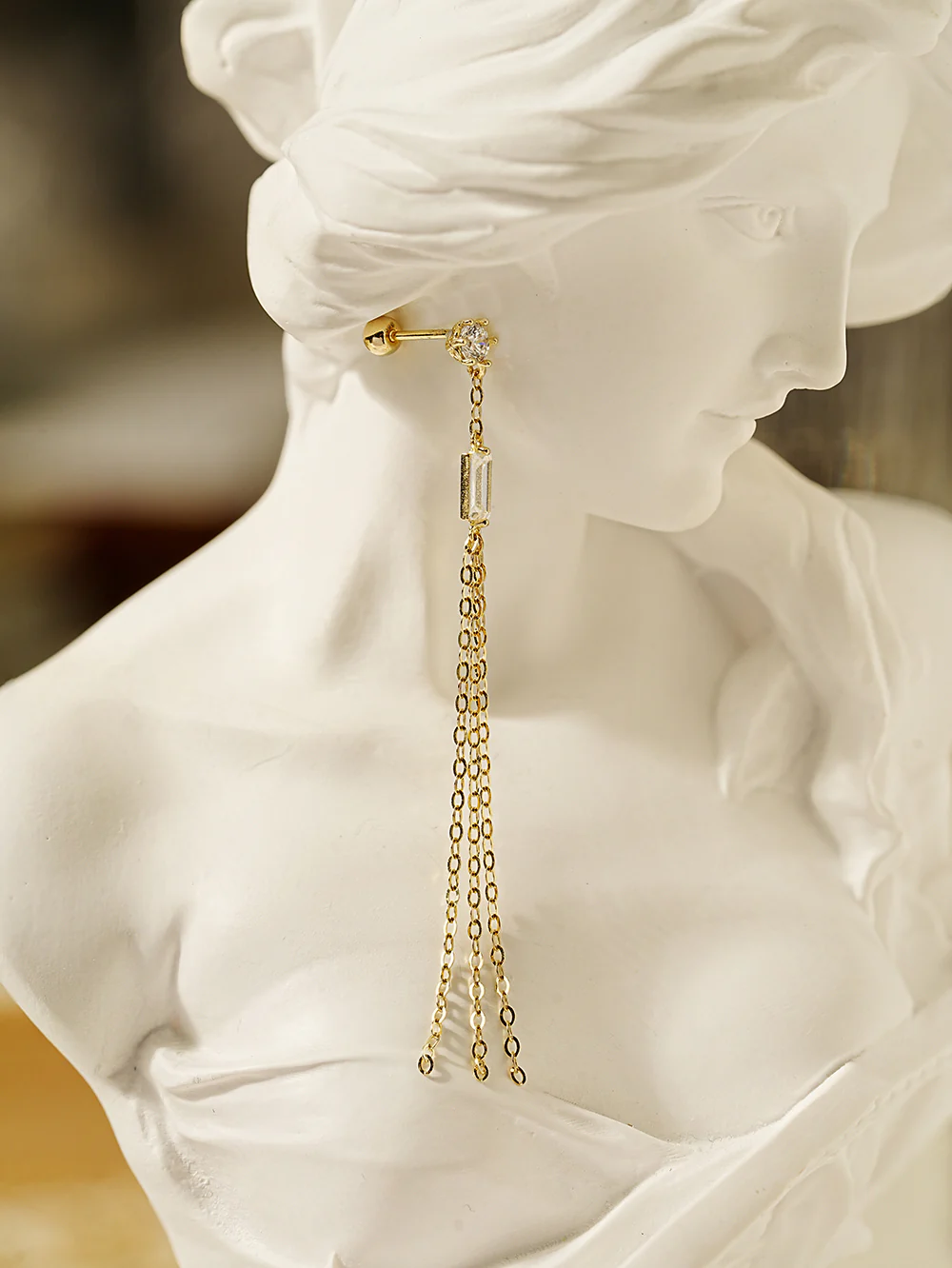 14K Gold Square Cubic Long Drop Chain Cartilage Earring 20G - Image 3