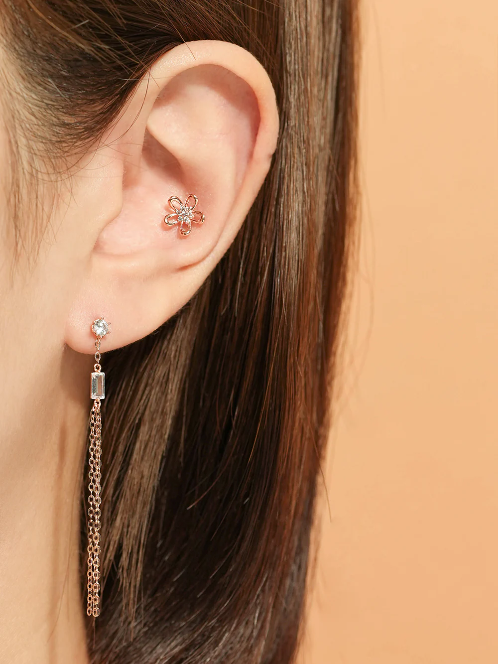 14K Gold Square Cubic Long Drop Chain Cartilage Earring 20G - Image 4