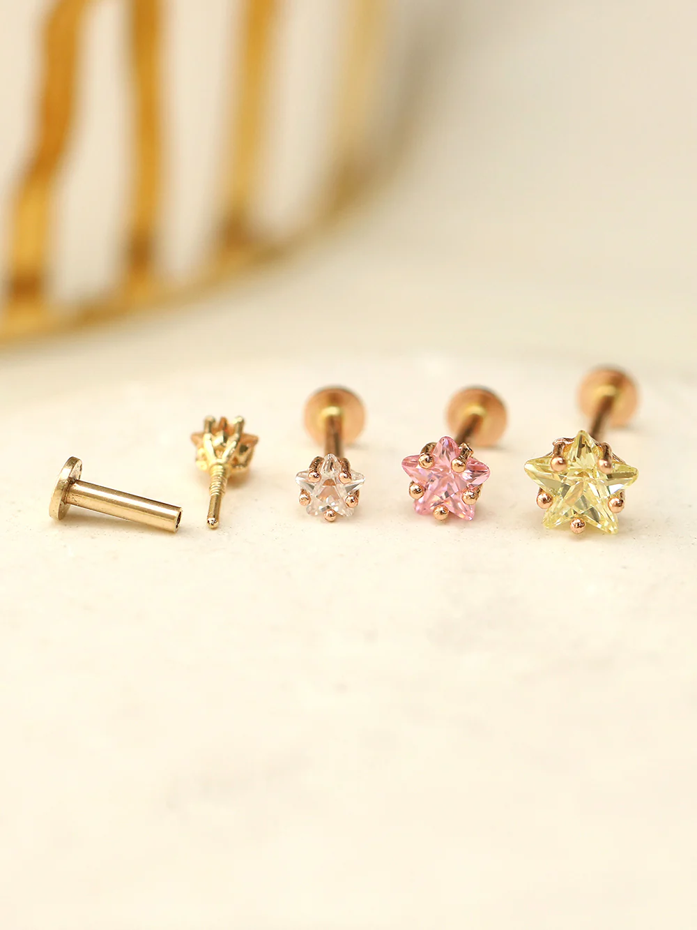 14K Gold Star Cubic Internally Threaded Labret Piercing 18G16G - Image 9