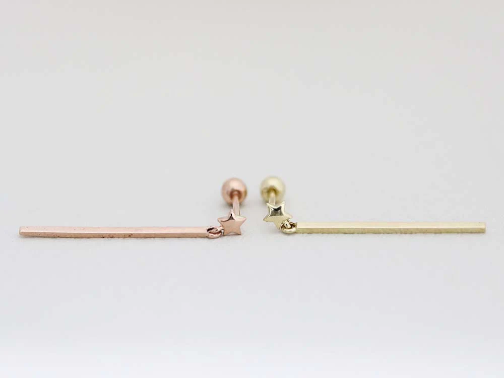 14K Gold Star Stick Drop Cartilage Earring 20G - Image 9