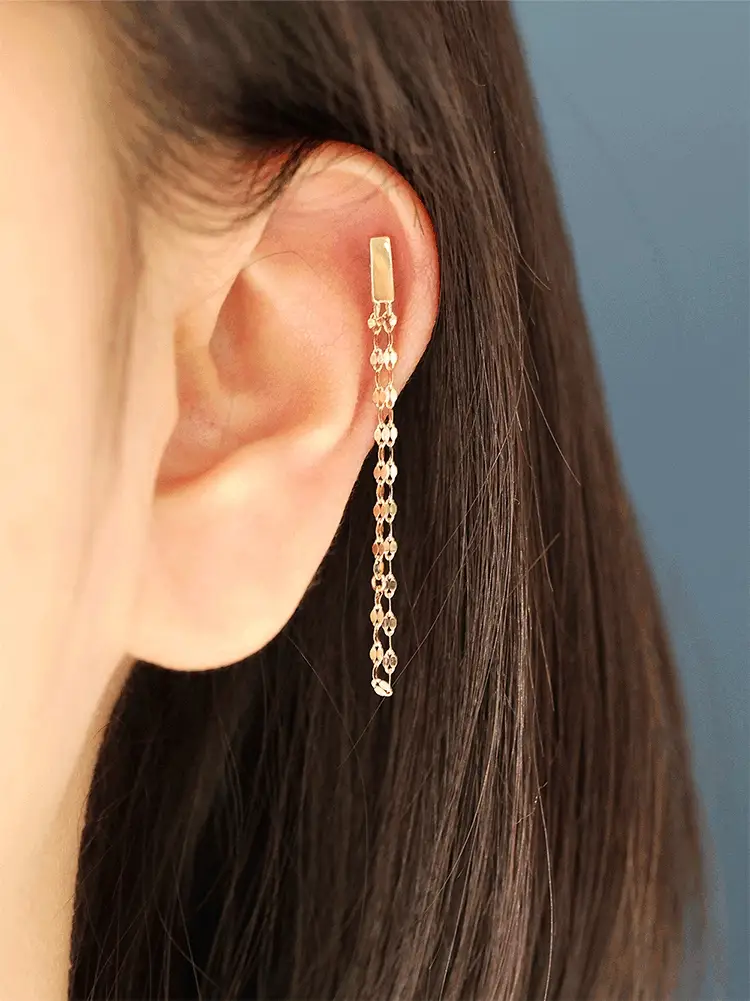14K Gold Stick Long Chain Stud Earring - Image 3