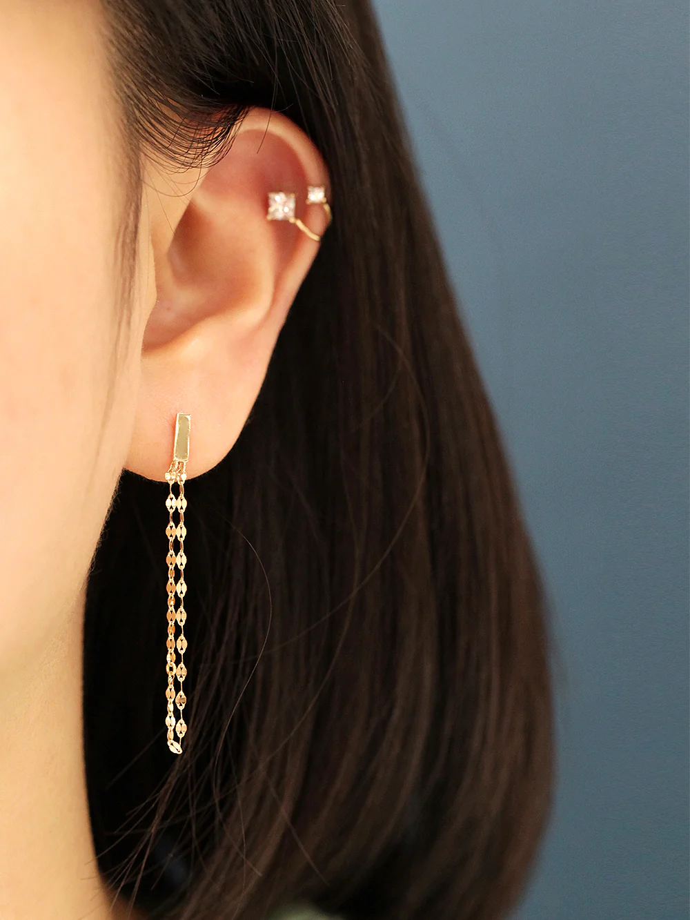 14K Gold Stick Long Chain Stud Earring - Image 4