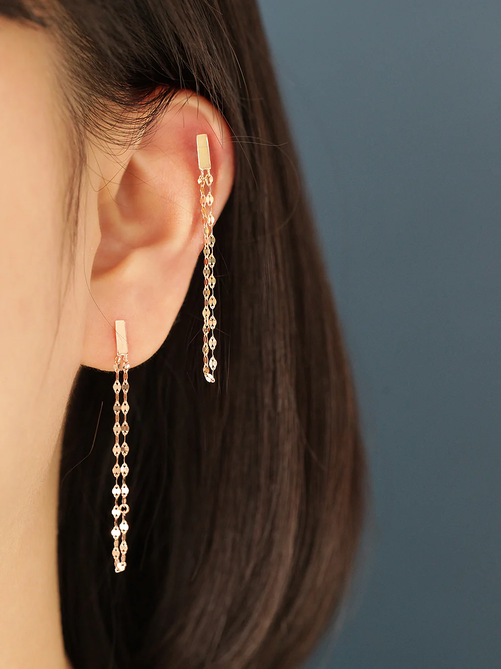 14K Gold Stick Long Chain Stud Earring - Image 5