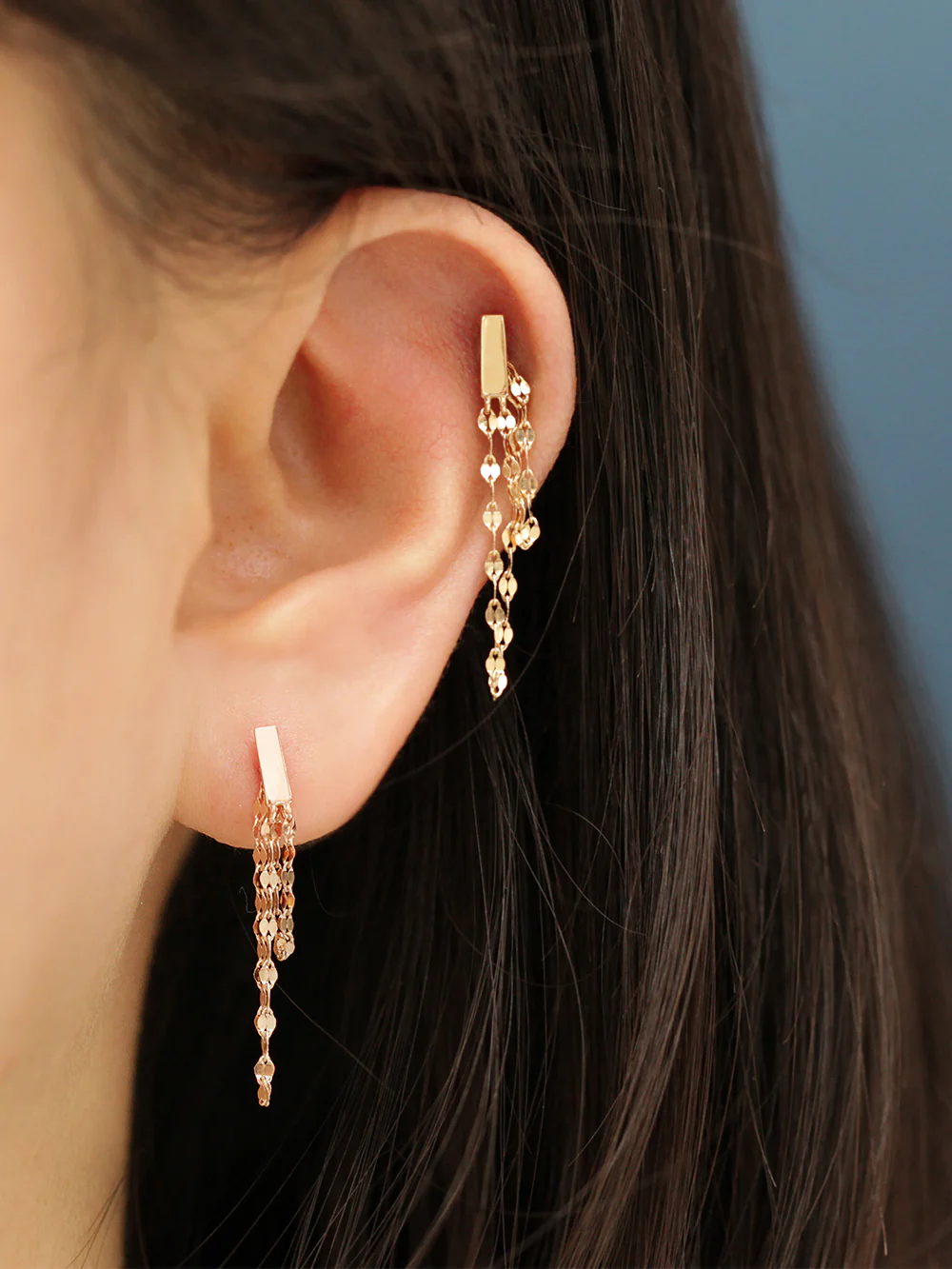 14K Gold Stick Long Chain Stud Earring - Image 6