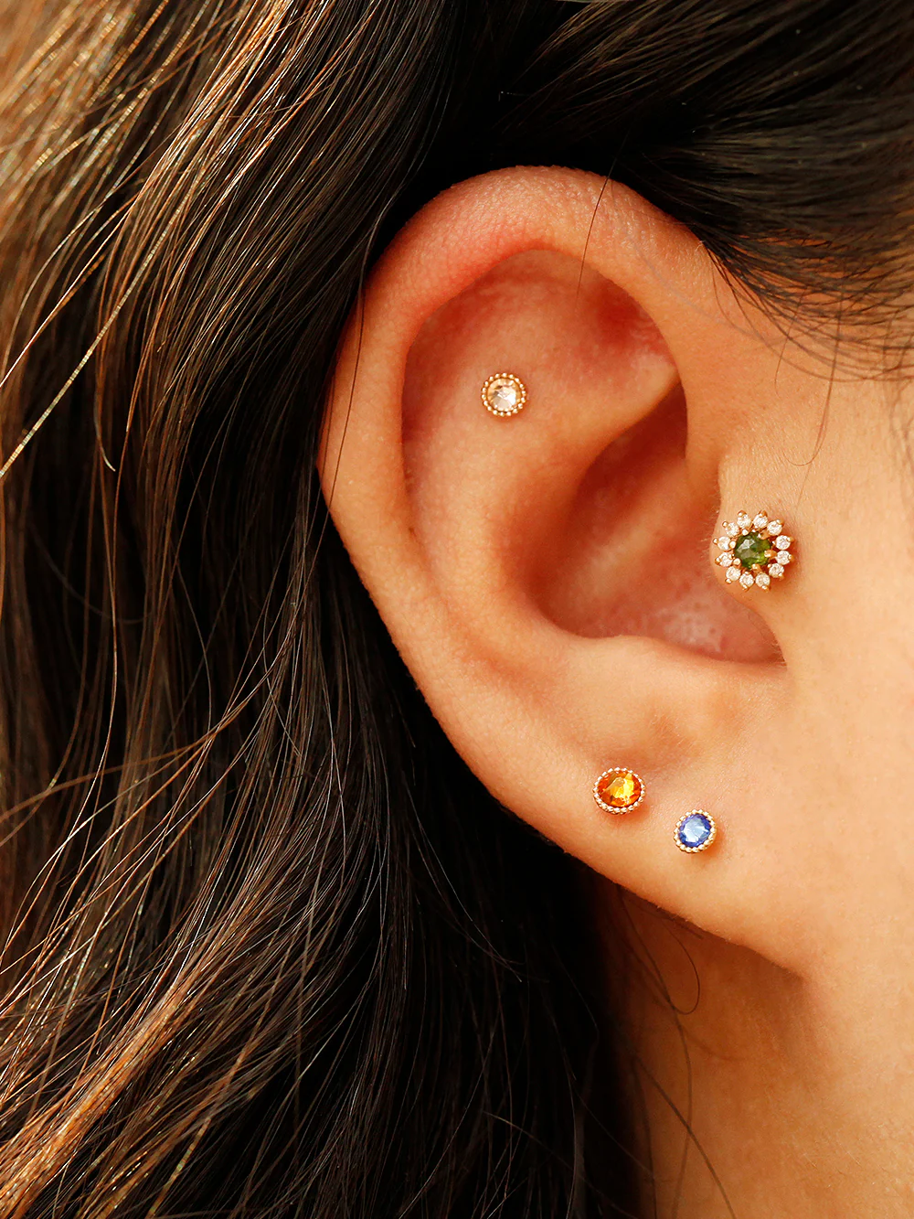 14K Gold Stone Flower Ball Cartilage Earring 20G18G16G - Image 10