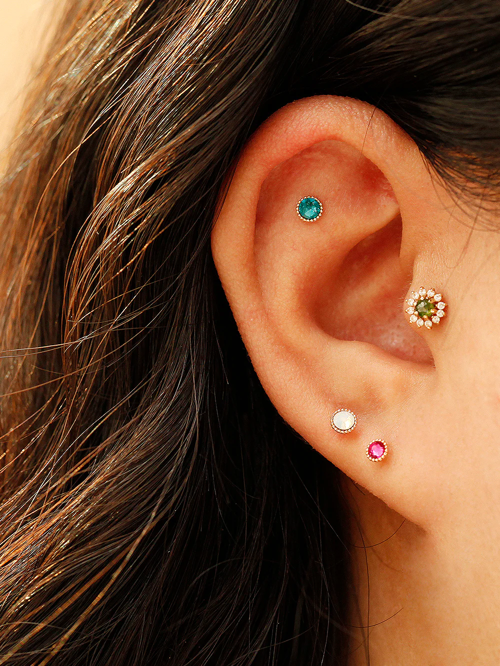 14K Gold Stone Flower Ball Cartilage Earring 20G18G16G - Image 2