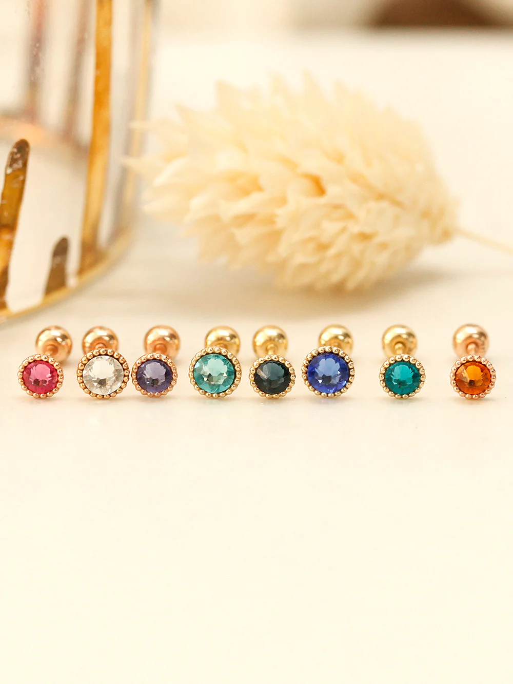 14K Gold Stone Flower Ball Cartilage Earring 20G18G16G - Image 5