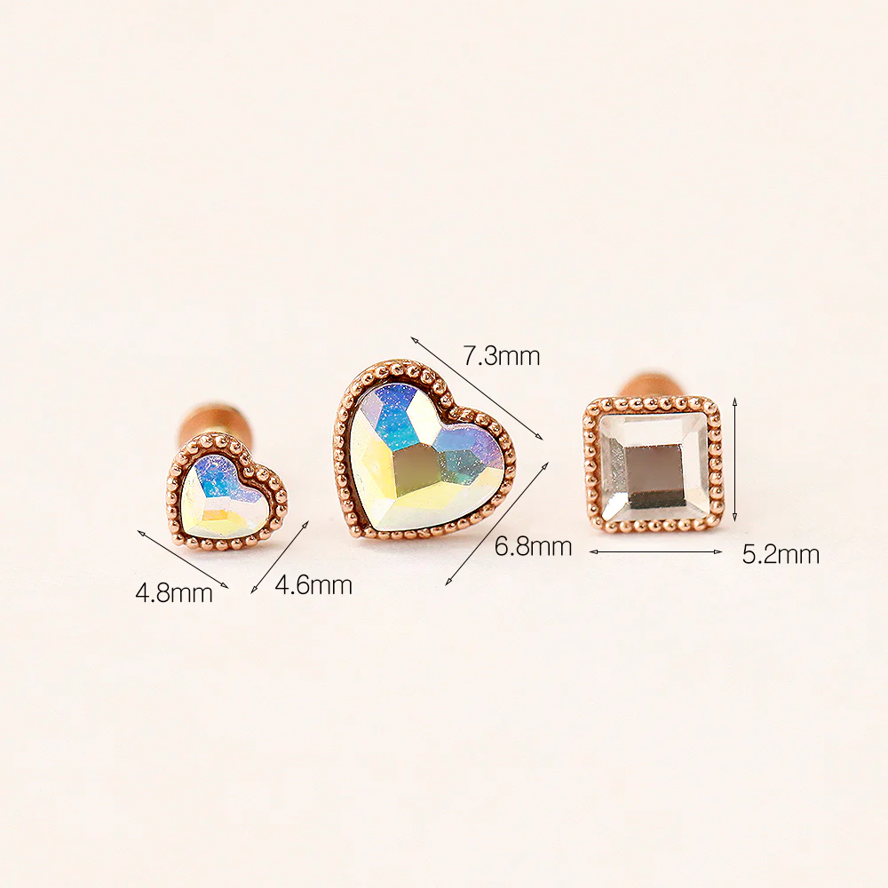 14K Gold Swarovski Stone Heart and Square Internally Threaded Labret Piercing 18G16G - Image 13