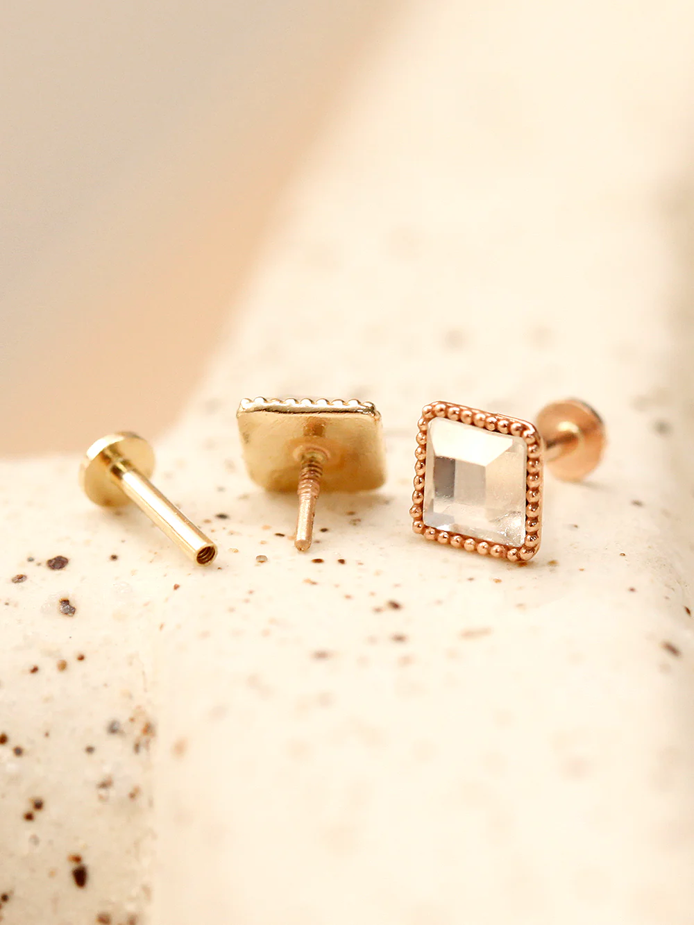 14K Gold Swarovski Stone Heart and Square Internally Threaded Labret Piercing 18G16G - Image 7