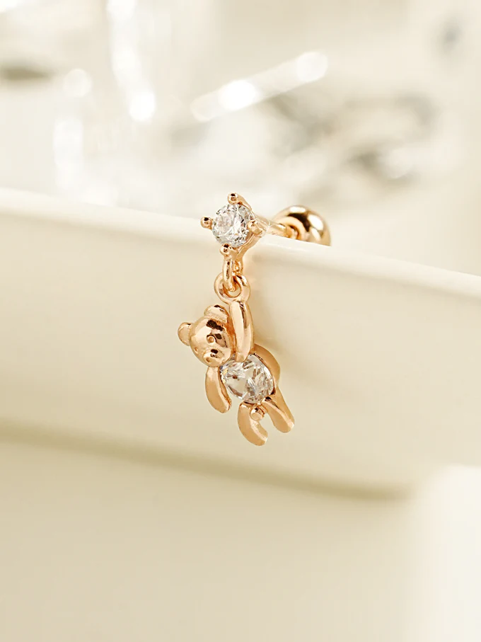 14K Gold Swing Bear Cartilage Earring 20G