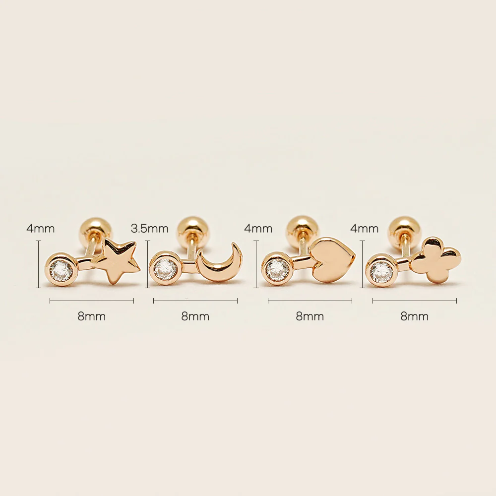 14K Gold Symbol Star, Cresent, Heart and Clover Cartilage Earring 20G18G16G - Image 13