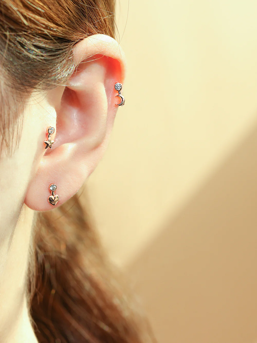 14K Gold Symbol Star, Moon, Heart and Clover Internally Threaded Labret Piercing 18G16G - Image 4