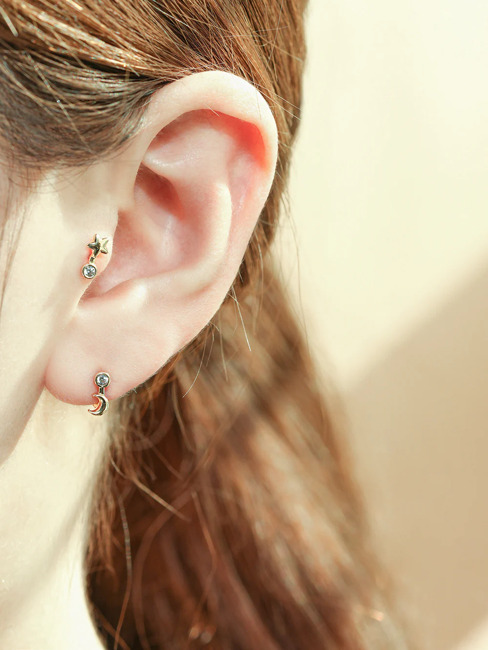14K Gold Symbol Star, Moon, Heart and Clover Internally Threaded Labret Piercing 18G16G - Image 6