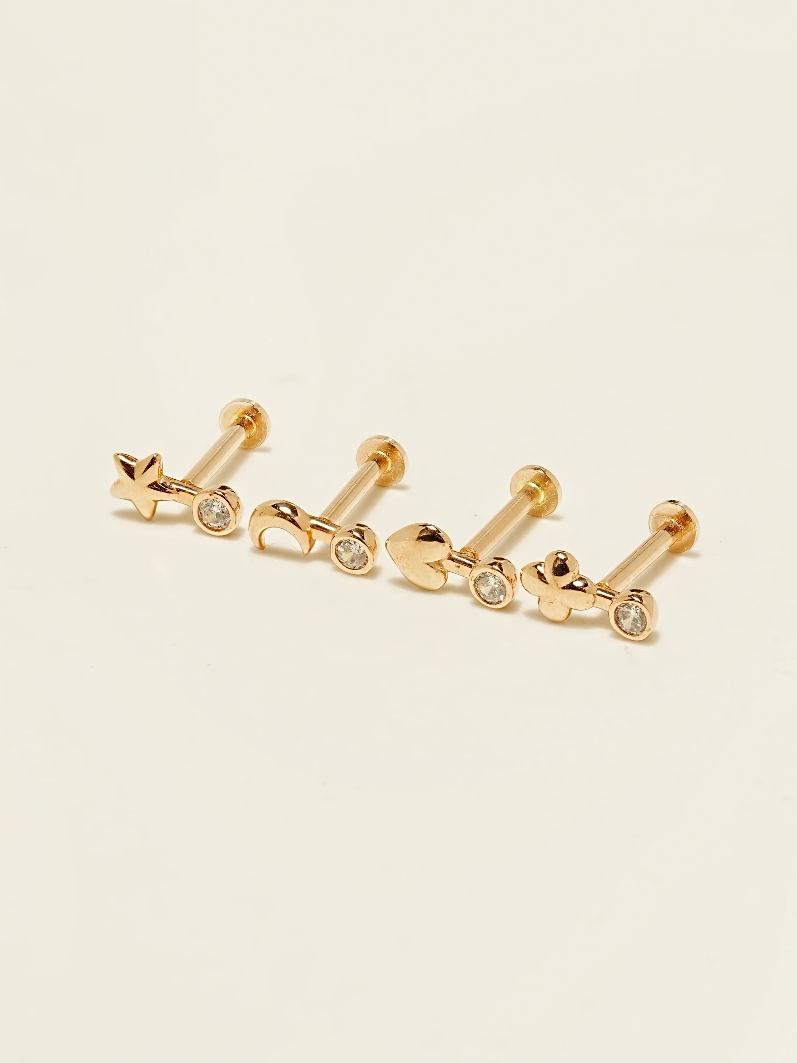 14K Gold Symbol Star, Moon, Heart and Clover Internally Threaded Labret Piercing 18G16G - Image 8