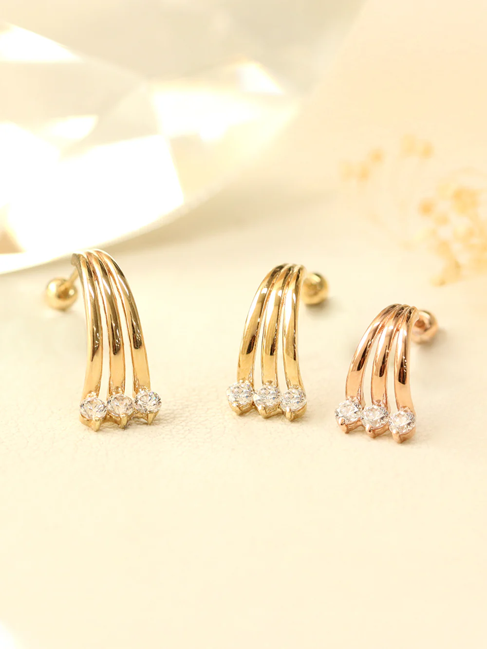 14K Gold Three Line Cubic Cartilage Earring 20G18G16G - Image 2