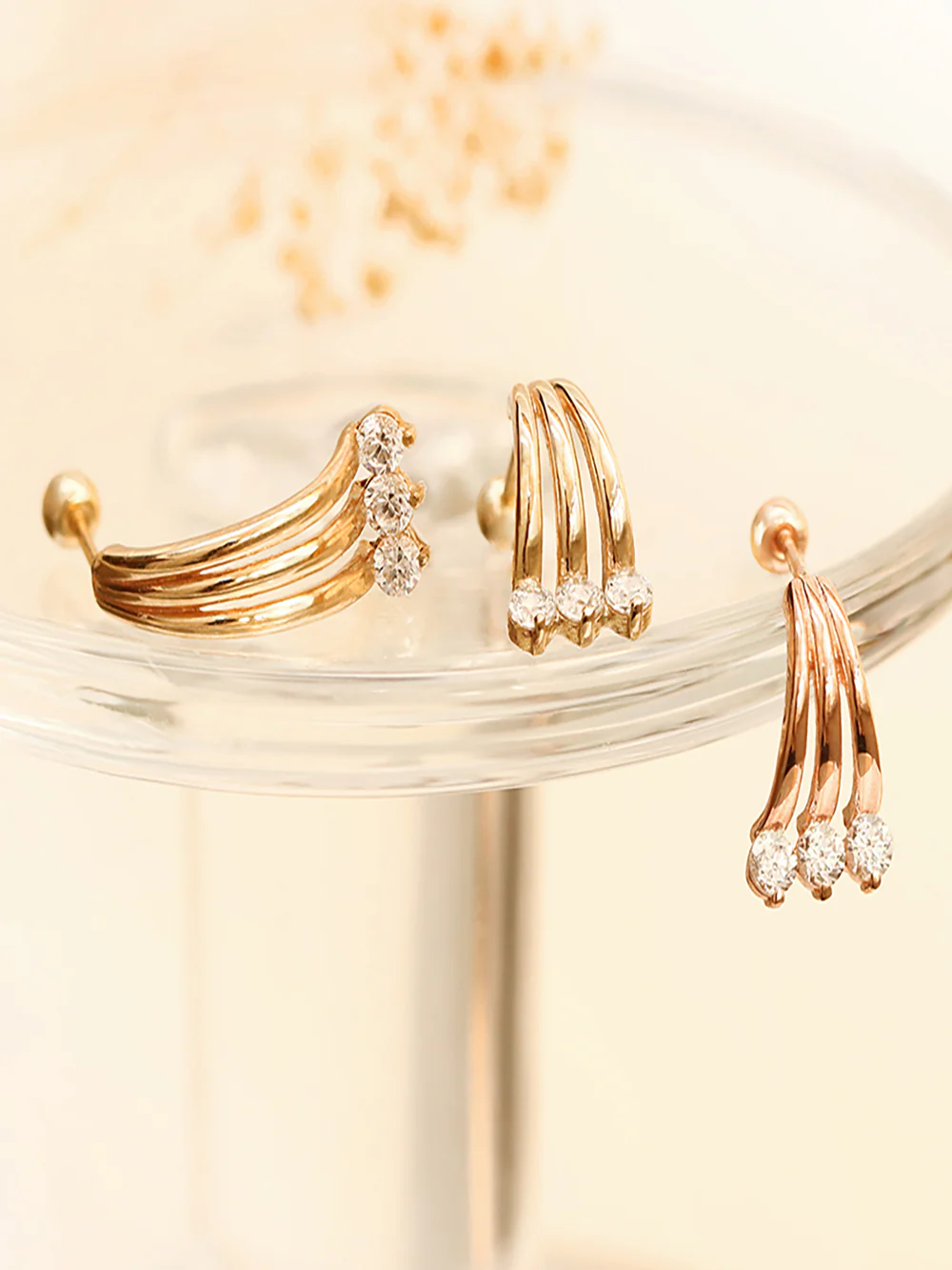 14K Gold Three Line Cubic Cartilage Earring 20G18G16G - Image 9