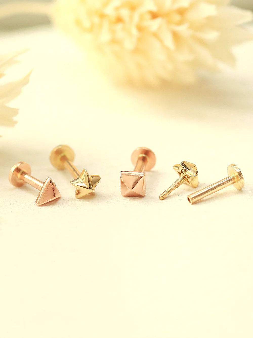 14K Gold Tiny Pyramid Internally Threaded Labret Piercing 18G16G
