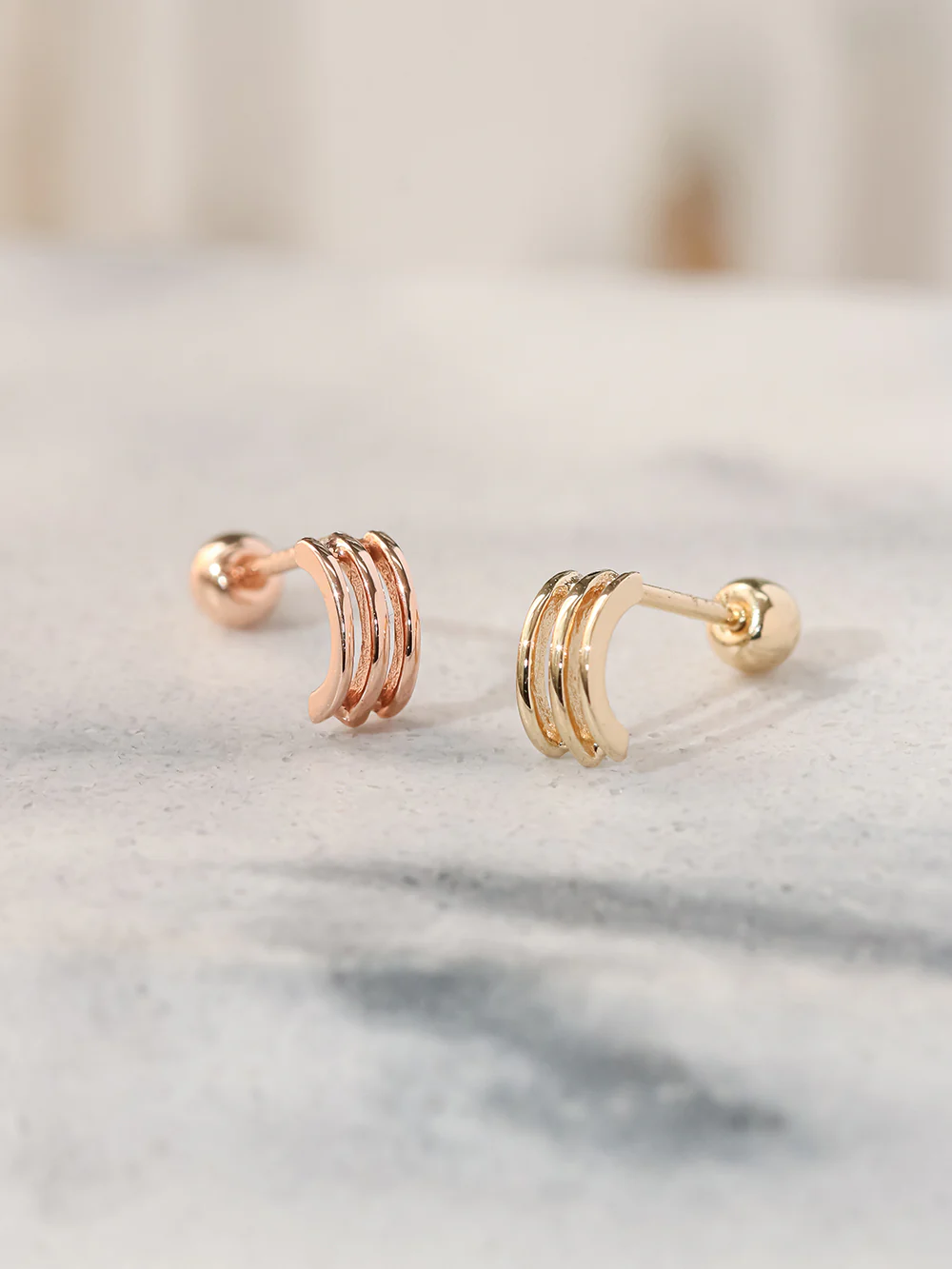 14K Gold Tiny Triple Lines Cartilage Earring 20G18G16G