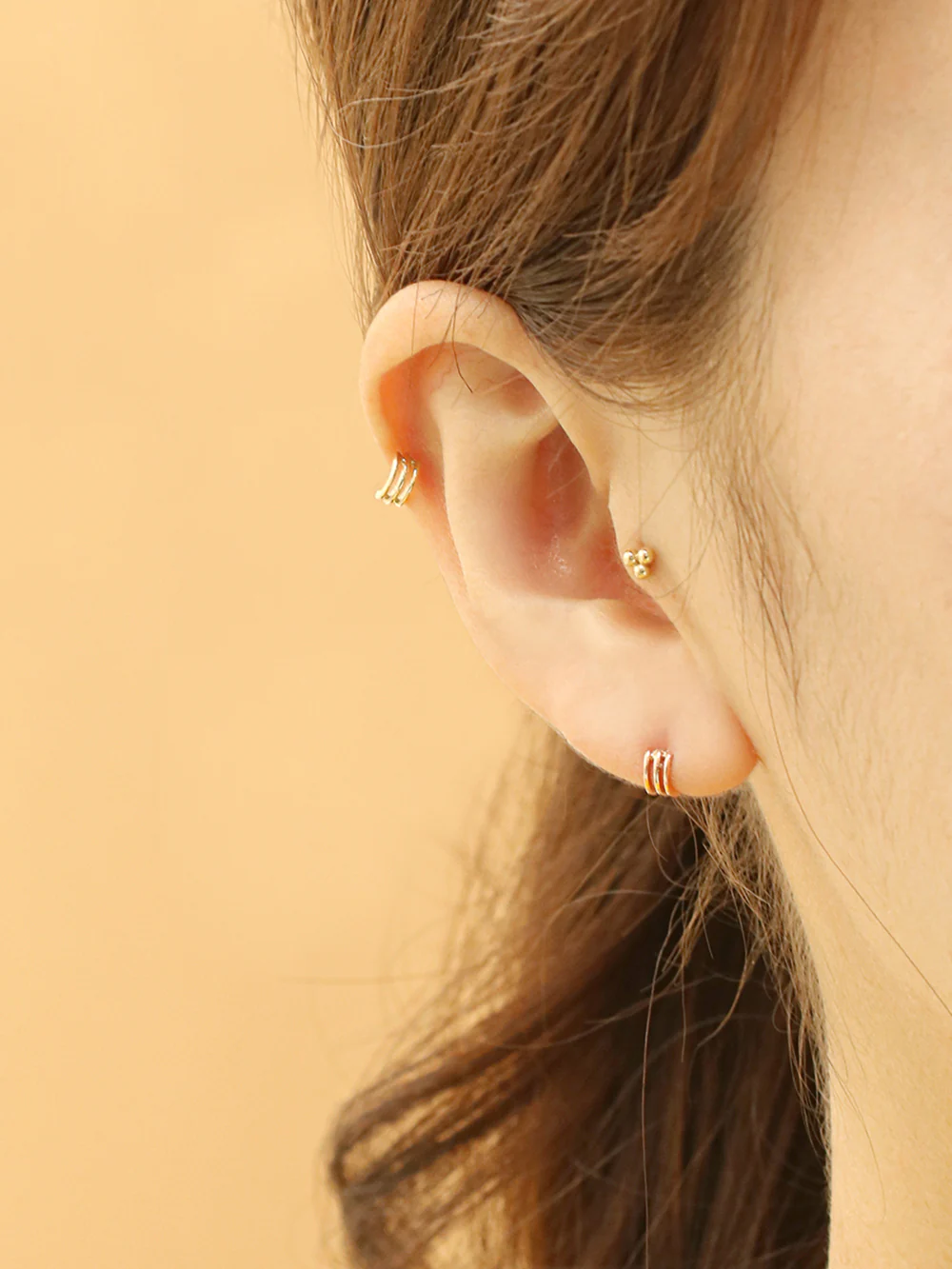 14K Gold Tiny Triple Lines Cartilage Earring 20G18G16G - Image 2