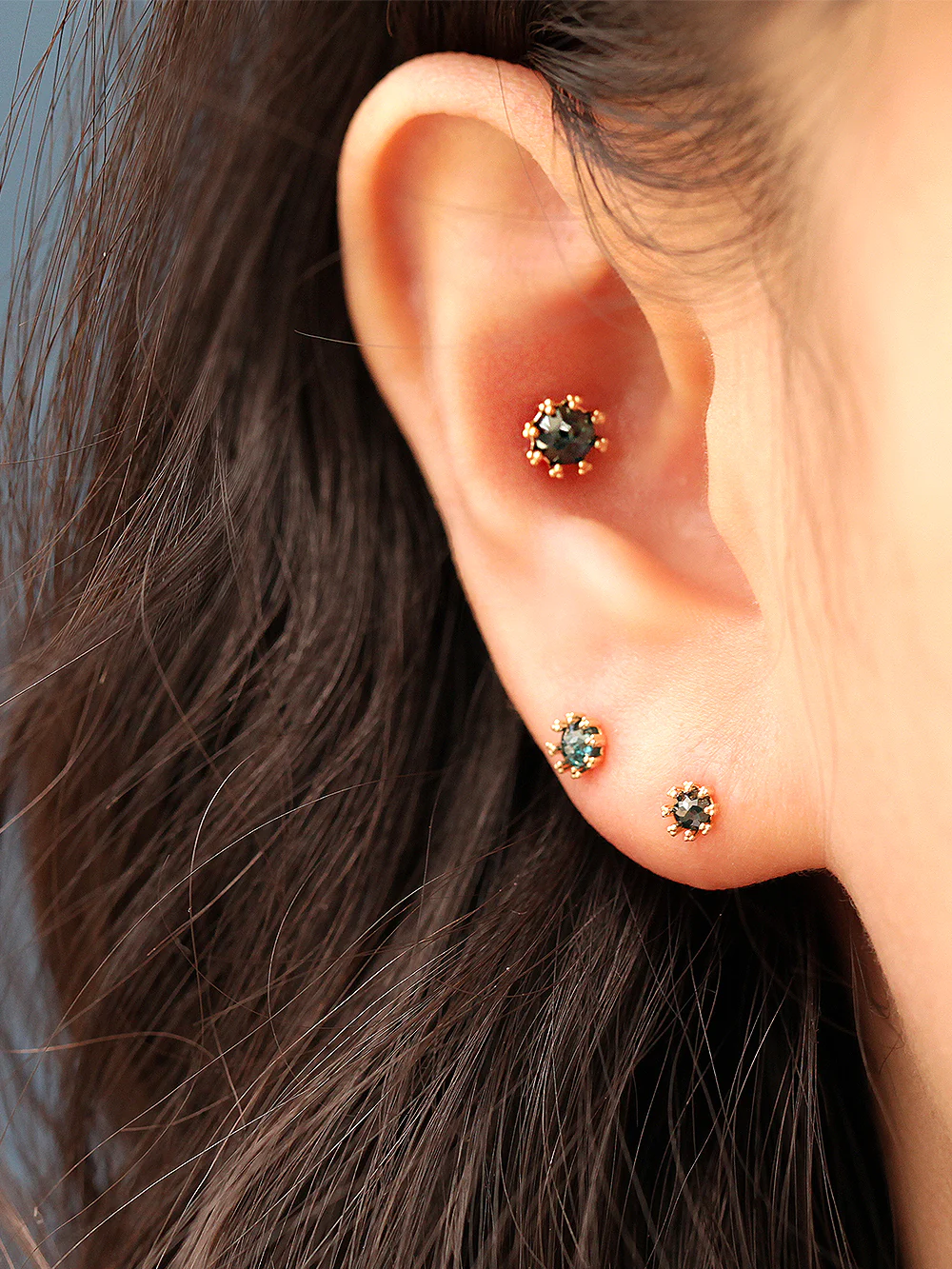 14K Gold Triangle Ball Rough Diamond Cartilage Earring 20G18G16G - Image 3