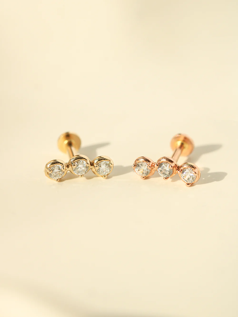 14K Gold Trio CZ Internally Threaded Labret Piercing 18G16G - Image 3