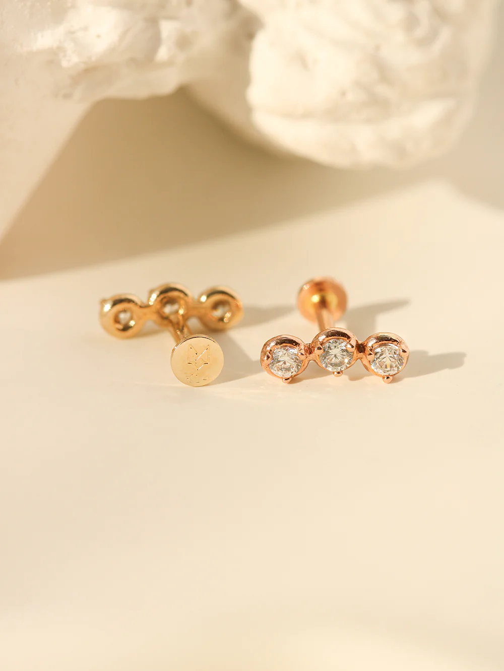 14K Gold Trio CZ Internally Threaded Labret Piercing 18G16G - Image 5