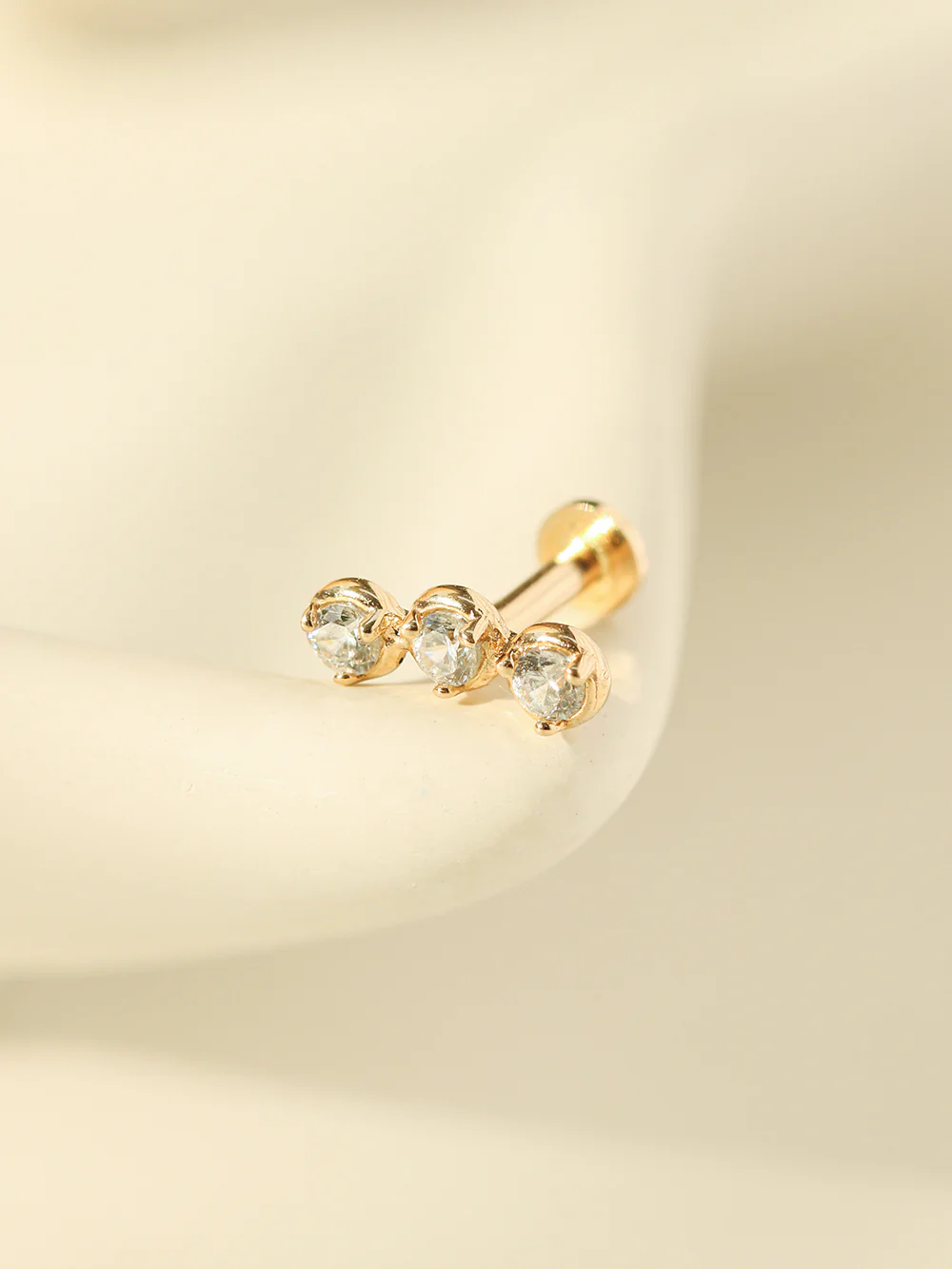 14K Gold Trio CZ Internally Threaded Labret Piercing 18G16G - Image 7