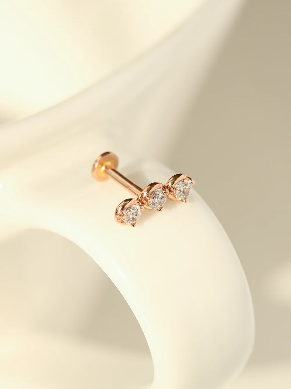 14K Gold Trio CZ Internally Threaded Labret Piercing 18G16G - Image 9