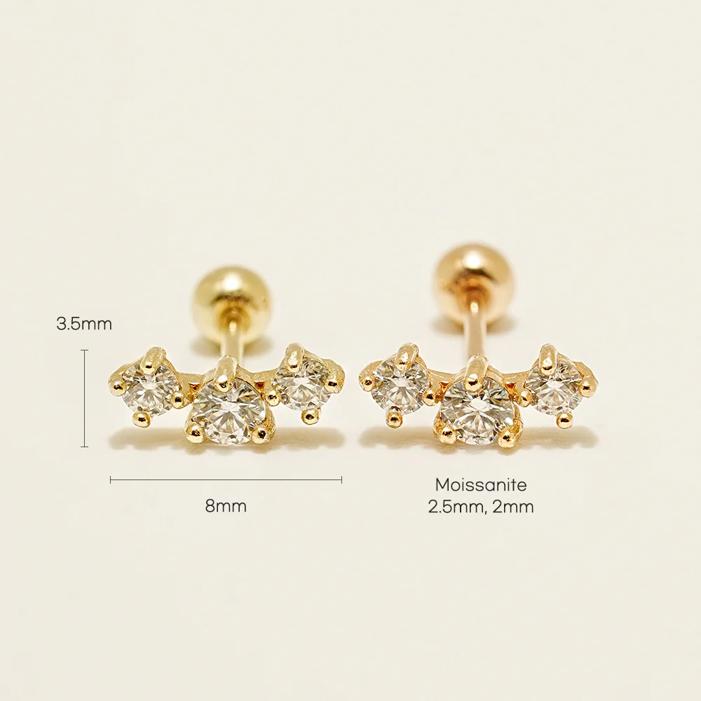 14K Gold Triple Crown Moissanite Cartilage Earring 20G18G16G - Image 14