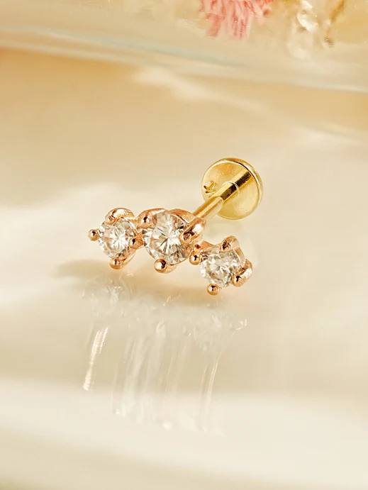 14K Gold Triple Crown Moissanite Internally Threaded Labret Piercing 20G18G16G - Image 3
