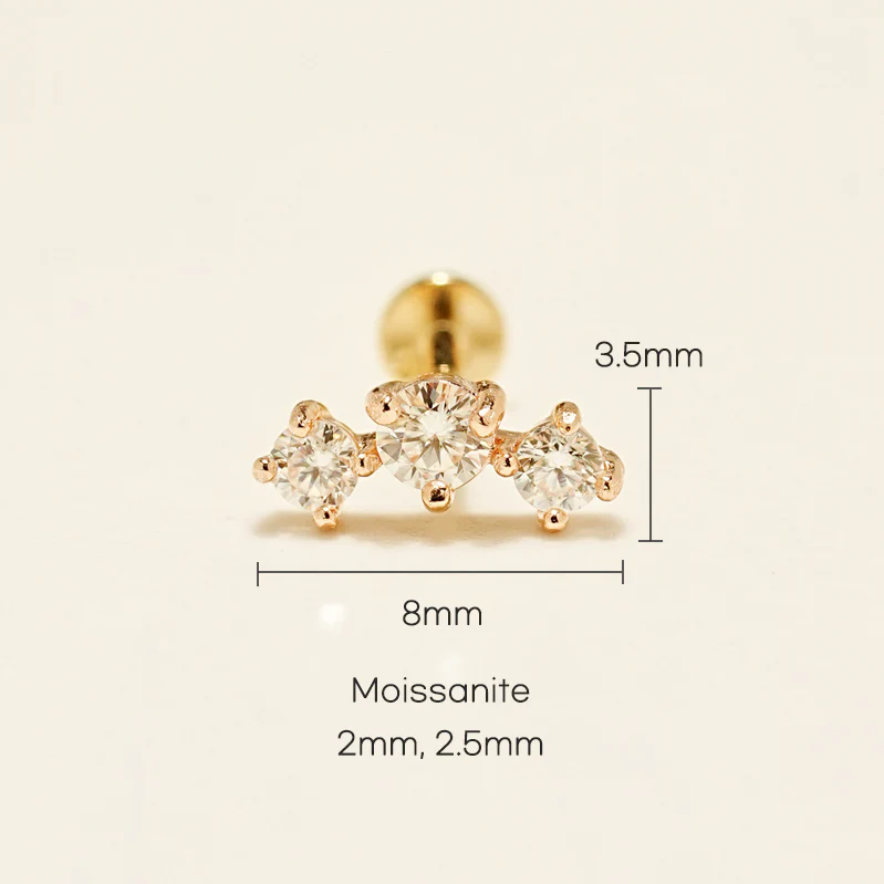 14K Gold Triple Crown Moissanite Internally Threaded Labret Piercing 20G18G16G - Image 6