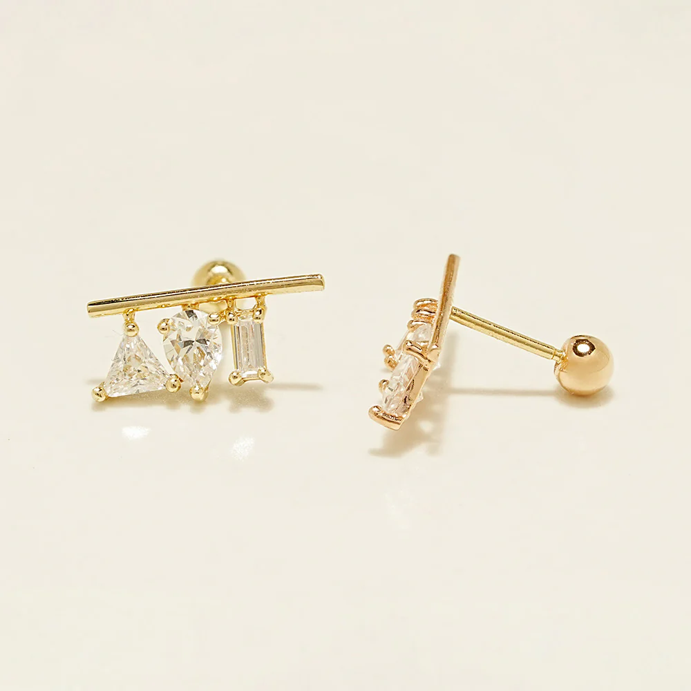14K Gold Triple Cubic Bar Cartilage Earring 20G18G16G - Image 15