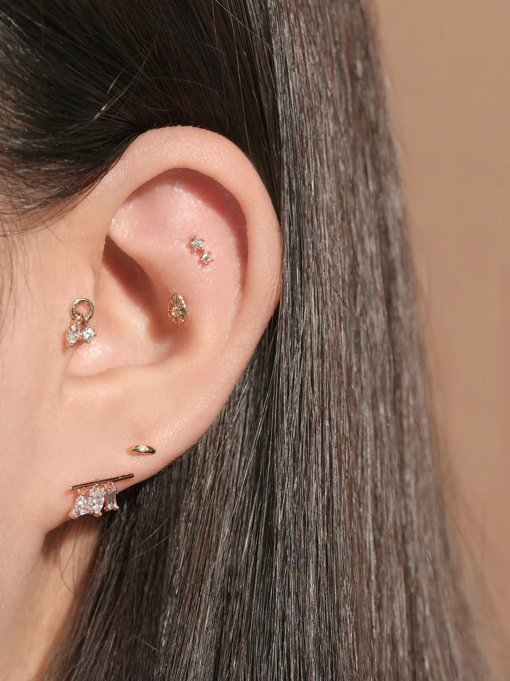 14K Gold Triple Cubic Bar Cartilage Earring 20G18G16G - Image 8