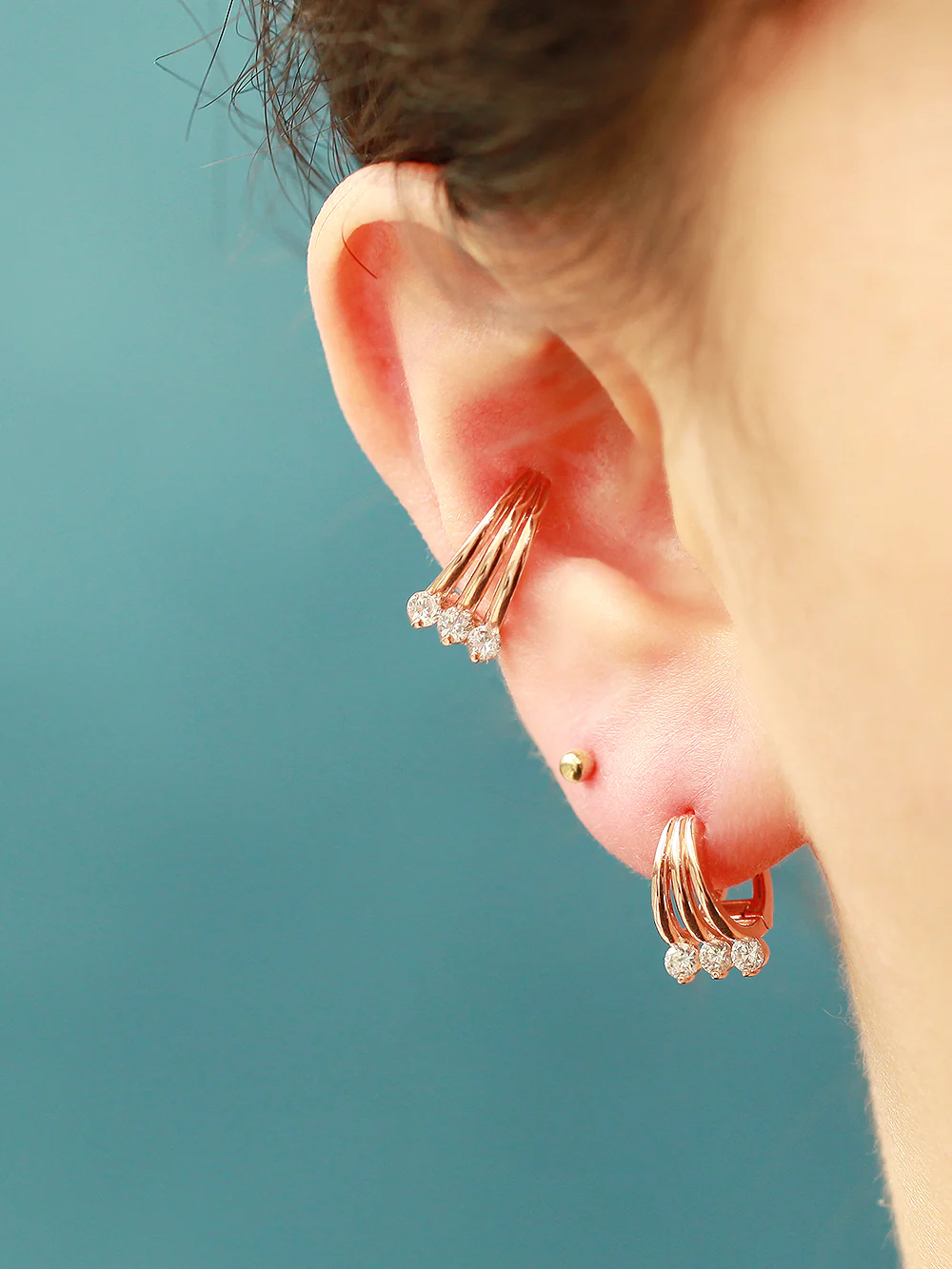 14K Gold Triple Line Cubic Cartilage Hoop Earring - Image 2