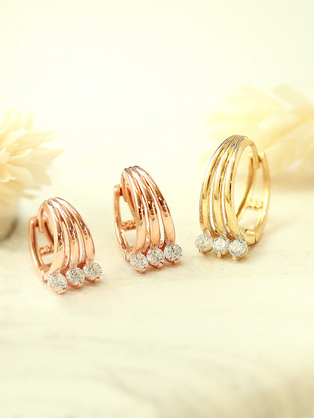 14K Gold Triple Line Cubic Cartilage Hoop Earring - Image 3