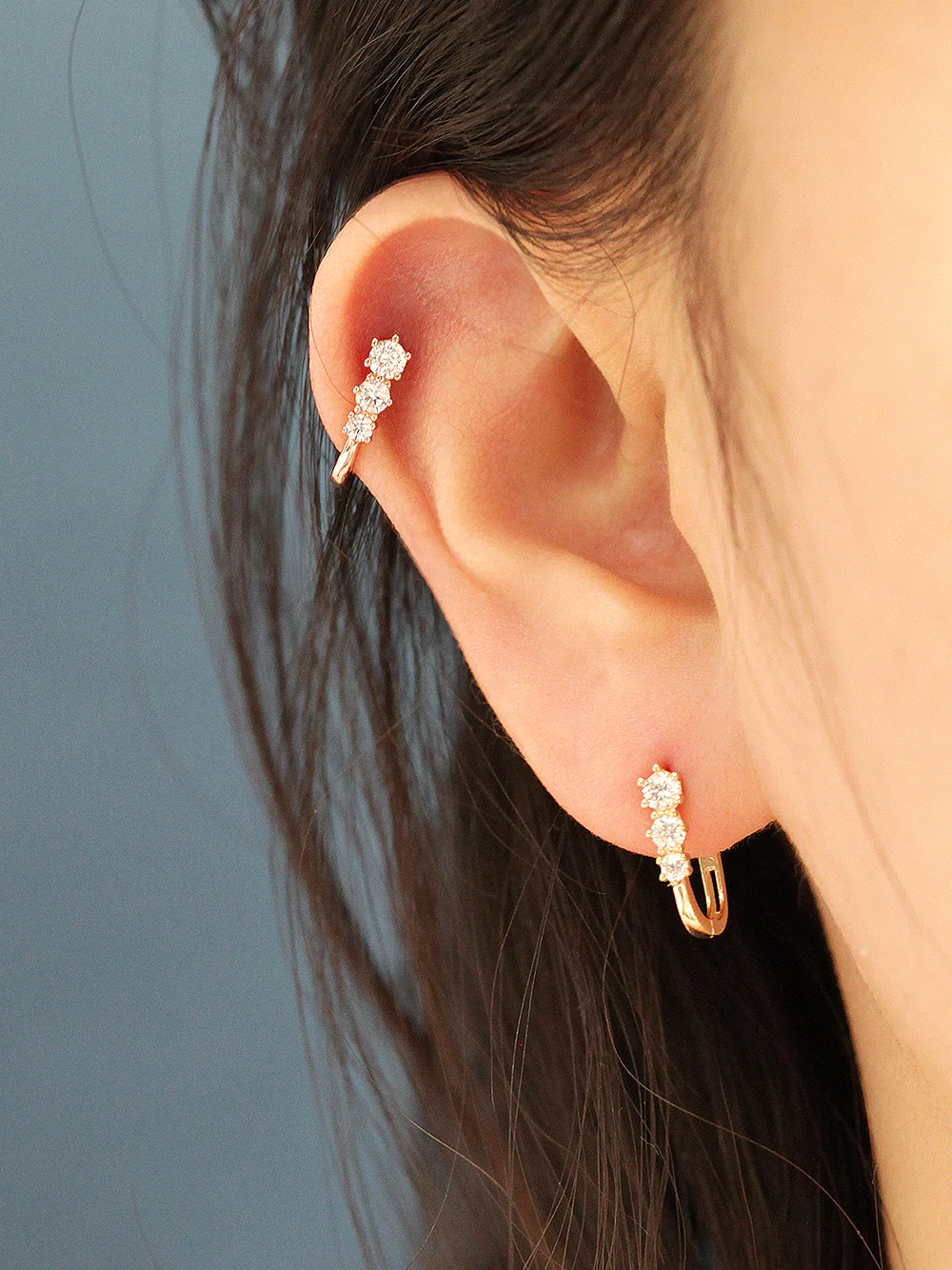 14K Gold Triple Cubic Hoop Earring
