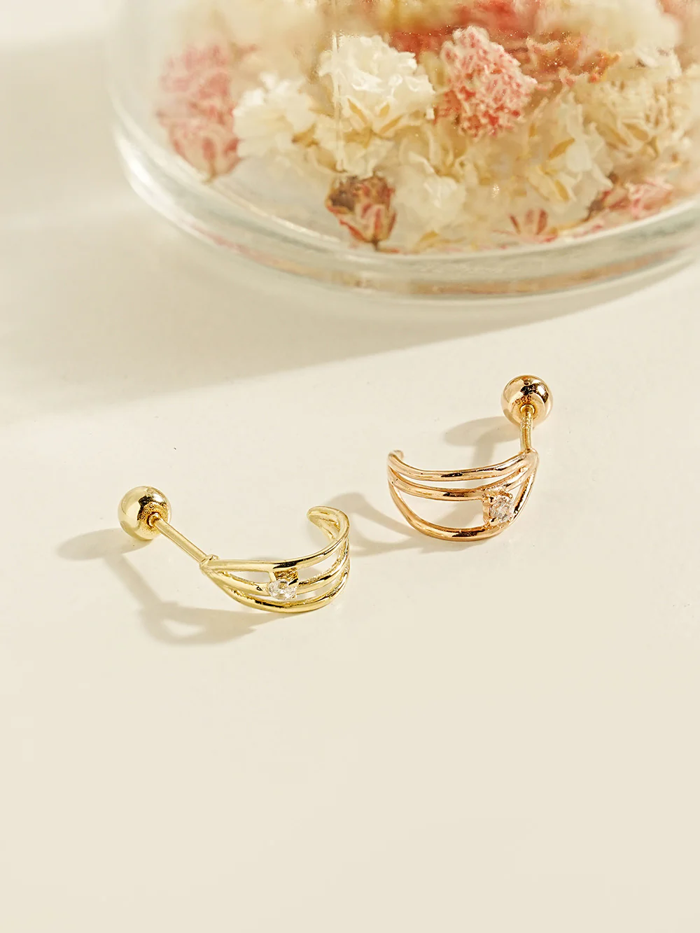 14K Gold Triple Cubic Line Ring Cartilage Earring 20G18G16G - Image 8