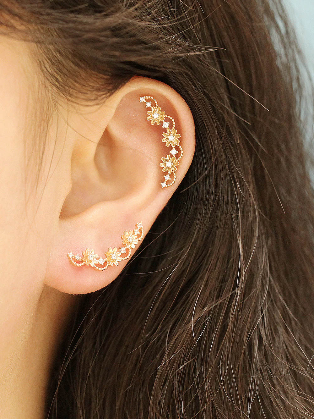 14K Gold Triple Curve Flower Cartilage Piercing Earring 20G18G16G - Image 5