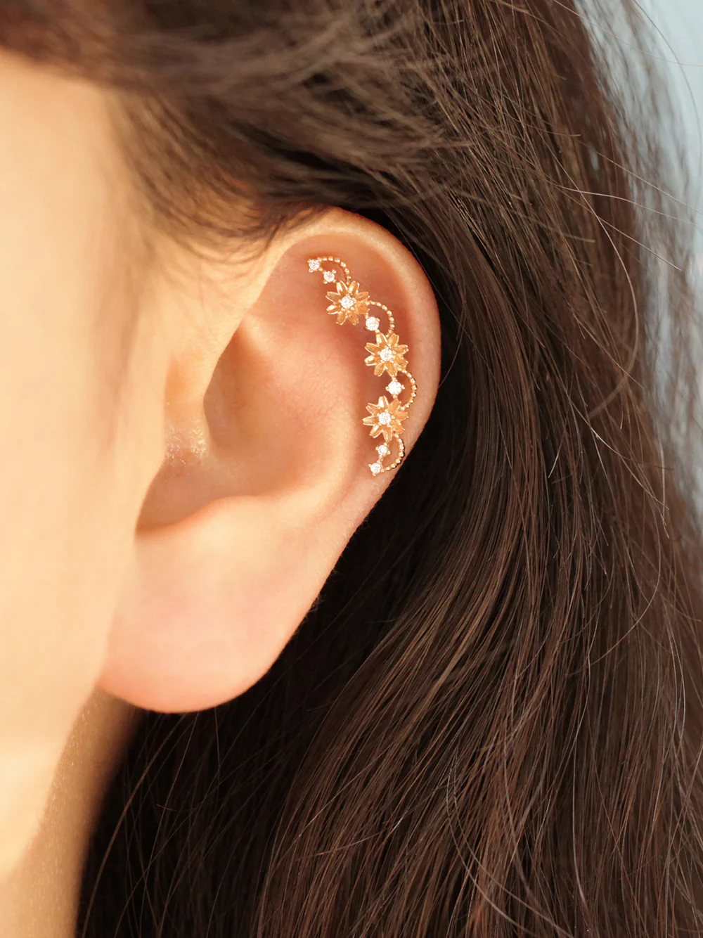 14K Gold Triple Curve Flower Cartilage Piercing Earring 20G18G16G - Image 7