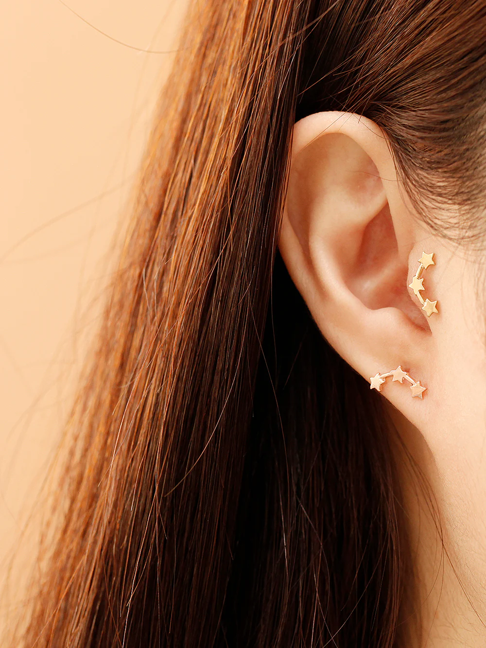 14K Gold Triple Curved Stars Stud Earring - Image 2